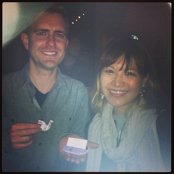 { #SXSW2013} At the full-capacity B-Reel party! In the sea of people, miraculously met up with Johnathan Wright at Shortlist who kindly posed for a photo with our origami souvenir of paper.+ intro card☆