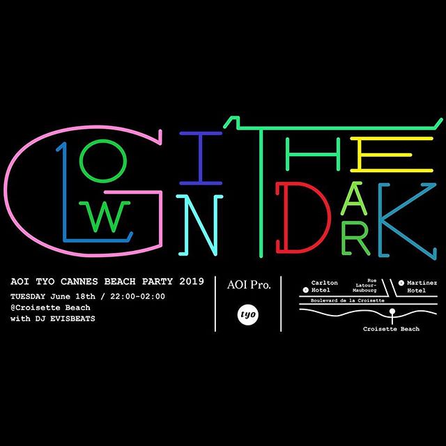 _﻿
【AOI TYO CANNES BEACH PARTY 2019!!】﻿
﻿
AOI Pro. & TYO are throwing a party this year too, featuring Japanese producer / rapper / DJ "EVISBEATS" from Tokyo! Let's glow in the dark at Croisette Beach! Hope to see you there!﻿
*BY INVITATION ONLY﻿
﻿
﻿
﻿
#GlowintheDark﻿
#filmmakersworld﻿﻿﻿