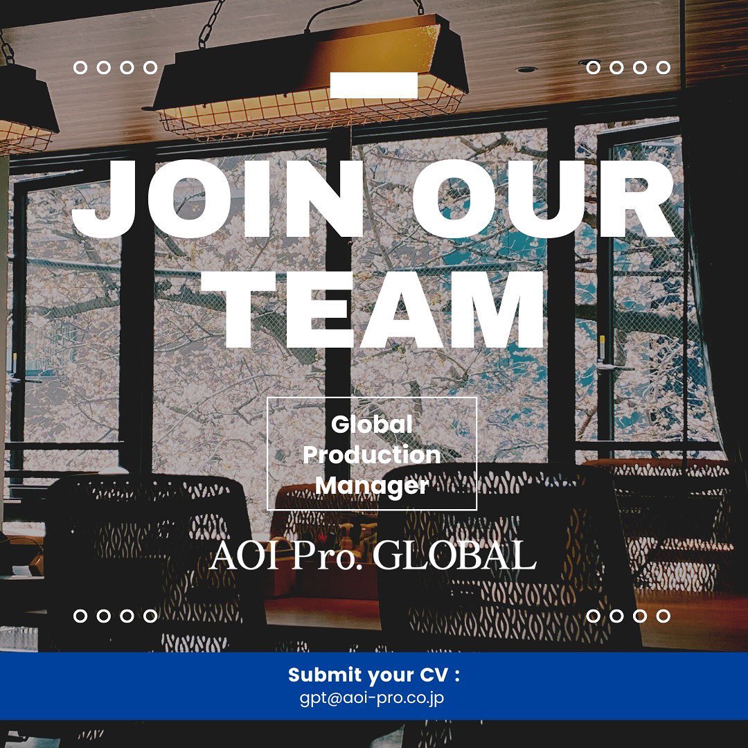 -
Japanese follows:
We are looking for global production managers to join our vibrant team at AOI Global!

Previous work experience as a production manager is required

This is your chance to work at one of Asia's top film productions

Apply through the email below:
gpt@aoi-pro.co.jp

For more information about our company, please visit our website from the link in our bio or feel free to reach out via email!

・・・
AOI Globalチームの一員となるグローバルプロダクションマネージャーを募集しています！

プロダクションマネージャーとしての実務経験が必要になります

アジアトップクラスの映画制作会社で働くチャンスです

下記のメールよりご応募ください。
gpt@aoi-pro.co.jp

弊社についての詳しい情報は、弊社ホームページをご覧いただくか、メールにてお気軽にお問い合わせください！

#aoiglobal  #aoipro  #film  #productioncompany  #広告  #映像制作  #CM制作 